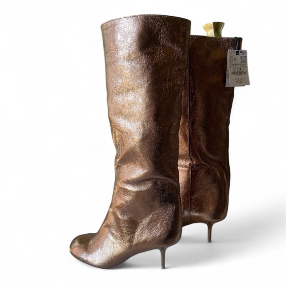 Zara Metallic Golden Bronze Kitten Heel Boots Knee High Size US 6 EU36 NWT - Picture 6 of 15